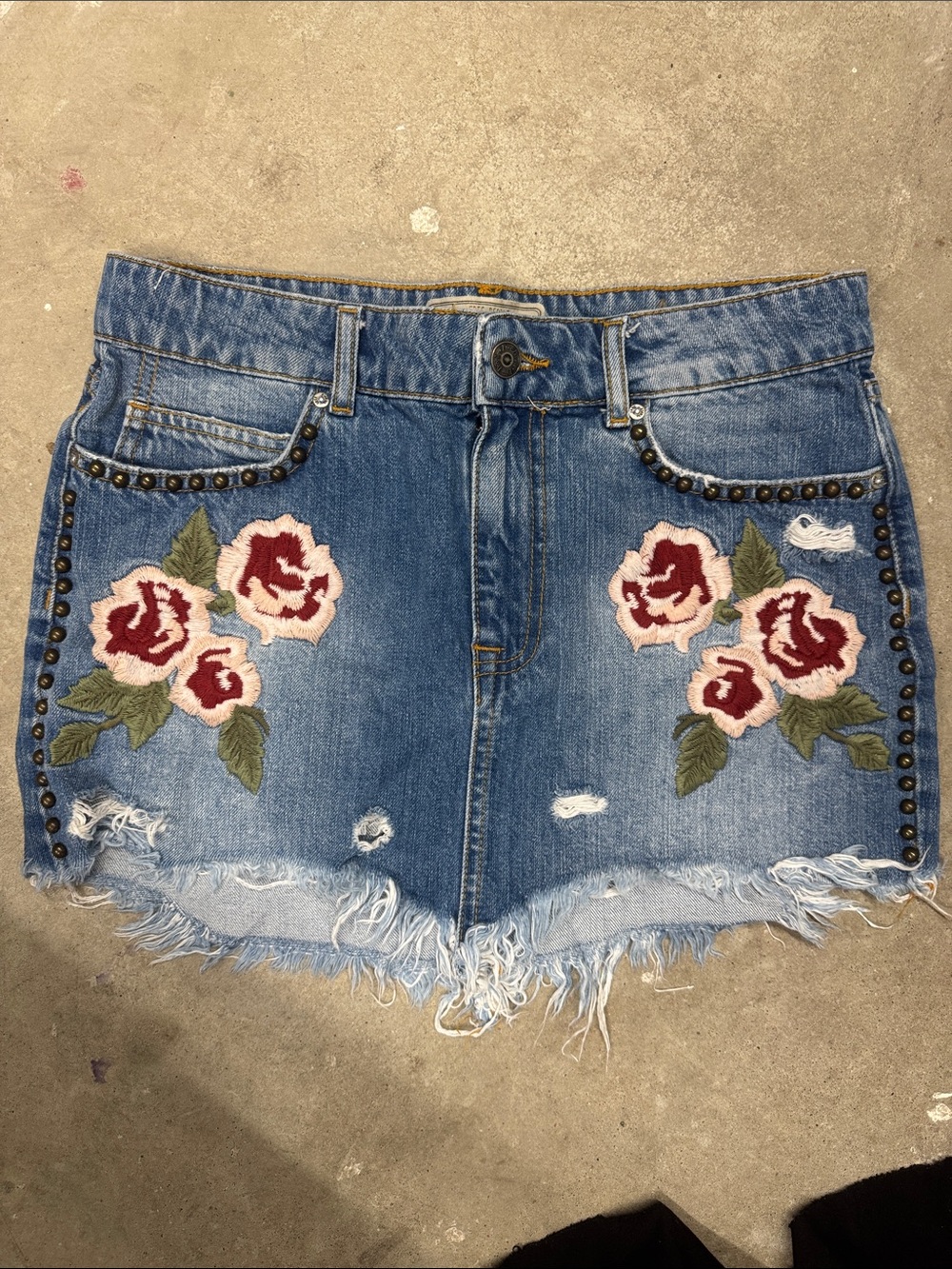 Free People Blue Denim Mini Skirt with Red & Cream Rose Embroidery